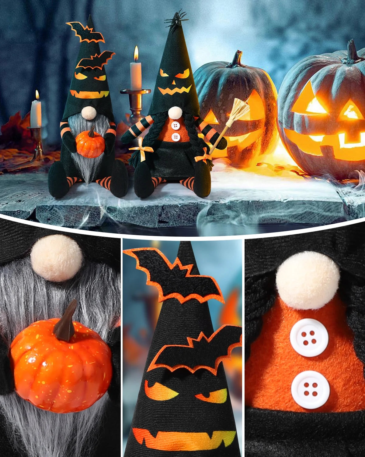 2PCS Halloween Gnome Plush Decorations - Mr and Mrs Handmade Scandinavian Tomte for Halloween Table Ornament, Tiered Tray Decor, Halloween Trick or Treat Gift